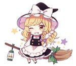  ;d apron blonde_hair blush broom broom_ribbon broom_riding chibi grin hat kirisame_marisa lantern long_hair long_sleeves lowres mozukuzu_(manukedori) one_eye_closed open_mouth skirt smile solo star touhou vest waist_apron waving wavy_hair witch_hat yellow_eyes 