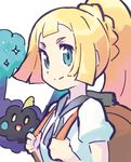  backpack bag bangs blonde_hair blue_eyes blunt_bangs closed_mouth cosmog from_side gen_7_pokemon highres lillie_(pokemon) long_hair pokemon pokemon_(creature) pokemon_(game) pokemon_sm ponytail reiesu_(reis) shirt short_sleeves simple_background smile upper_body white_background white_shirt 