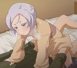  1boy 1girl aliasing blush closed_mouth clothed_sex cowgirl_position flat_chest girl_on_top green_eyes hetero jitome kino_no_tabi leaning_forward long_sleeves lying on_back sex shorts shorts_around_one_leg silver_hair solo_focus straddling sweat tea_(kino_no_tabi) tomu_(tomubobu) 