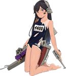  aircraft airplane barefoot black_hair full_body i-400_(kantai_collection) kantai_collection kneeling long_hair looking_at_viewer lowres name_tag official_art one-piece_swimsuit one-piece_tan pout purple_eyes school_swimsuit shibafu_(glock23) solo swimsuit sword tan tanline torn_clothes torn_swimsuit transparent_background weapon wet 