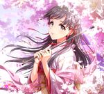  bangs black_eyes black_hair blunt_bangs blush cherry_blossoms eyebrows_visible_through_hair floating_hair floral_print flower hair_ornament hair_ribbon highres holding holding_umbrella idolmaster idolmaster_cinderella_girls japanese_clothes kimono kobayakawa_sae long_hair long_sleeves looking_at_viewer obi oriental_umbrella outdoors parasol petals pink_kimono pink_umbrella plant red_ribbon ribbon sash seigaiha shawl smile tree umbrella upper_body wide_sleeves wind zattape 