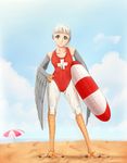  beach beach_umbrella bird blue_eyes cloud cloudy_sky crowanon day hand_on_hip harpy innertube lifeguard looking_at_viewer monster_girl ocean one-piece_swimsuit original outdoors red_swimsuit seagull sky smile solo swimsuit umbrella whistle white_hair 