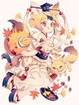  acorn animal_ears autumn_leaves blonde_hair fox fox_ears fox_tail full_body hat headwear_request japanese_clothes licking_lips looking_at_viewer original paw_pose red_eyes sandals smile solo tail thighhighs tongue tongue_out wakanagi_eku white_legwear 
