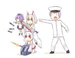  3girls animal_ears ayanami_(azur_lane) azur_lane comic commander_(azur_lane) fake_animal_ears firing greenteaneko hairband hat highres holding holding_sword holding_weapon jacket javelin_(azur_lane) laffey_(azur_lane) long_hair machinery military military_uniform multiple_girls naval_uniform peaked_cap plaid plaid_skirt pleated_skirt pointing ponytail purple_hair scarf school_uniform serafuku silent_comic silver_hair simple_background skirt sword thighhighs torpedo turret twintails uniform weapon white_background white_hair white_legwear zettai_ryouiki 