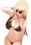  arm_up bad_id bad_pixiv_id bad_revision bikini black_bikini blonde_hair breasts brown_bikini brown_hair cleavage closers collarbone commentary_request cowboy_shot criss-cross_halter gradient_hair halter_top halterneck hand_in_hair harpy_(closers) large_breasts long_hair looking_at_viewer minma mole mole_under_eye multi-strapped_bikini multicolored_hair navel parted_lips side-tie_bikini simple_background smile solo sunglasses swimsuit tsurime white_background 
