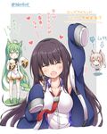  :d ^_^ ahoge akashi_(azur_lane) animal_ears arm_up ayanami_(azur_lane) azur_lane bangs black_hair black_sailor_collar blue_eyes blue_jacket blue_sailor_collar blue_skirt blush breasts brown_eyes brown_hair cat_ears chibi choker closed_eyes commentary_request dress eyebrows_visible_through_hair facing_viewer green_eyes green_hair grey_background hair_between_eyes headgear headphones heart highres jacket light_brown_hair long_hair long_island_(azur_lane) long_sleeves medium_breasts multiple_girls necktie open_clothes open_jacket open_mouth pleated_skirt ponytail red_eyes red_neckwear remodel_(azur_lane) sailor_collar sailor_dress school_uniform serafuku shirt sidelocks silver_hair skirt sleeveless sleeveless_shirt sleeves_past_fingers sleeves_past_wrists smile standing takeg05 translation_request twintails twitter_username two-tone_background very_long_hair white_background white_legwear white_shirt yellow_eyes 