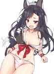  animal_ears azur_lane bad_id bad_twitter_id black_hair blush bow bow_panties breasts commentary_request fang highres large_breasts long_hair minikon navel off_shoulder open_mouth panties pink_panties red_eyes school_uniform serafuku shigure_(azur_lane) sketch solo tail underwear white_background wristband 