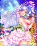  bangs bare_shoulders blue_hair breasts bridal_gauntlets commentary copyright_name crown dress eyebrows_visible_through_hair floral_print fumi_(butakotai) fur_trim hands_together holding jewelry long_hair looking_at_viewer maboroshi_juuhime medium_breasts moon night night_sky petals pink_dress scepter short_dress sky smile solo star_(sky) veil yellow_eyes 