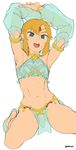  absurdres armpits arms_up blonde_hair blue_eyes brekkist crossdressing detached_sleeves earrings gerudo_link highres jewelry link male_focus navel open_mouth otoko_no_ko pelvic_curtain penis pointy_ears see-through simple_background solo stomach the_legend_of_zelda the_legend_of_zelda:_breath_of_the_wild 