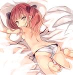  ass bangs bare_legs barefoot bed_sheet bikini black_bow blush bow breasts butt_crack closed_mouth eyebrows_visible_through_hair from_behind grey_eyes hair_bow kurasuke legs_up long_hair looking_at_viewer looking_back lying nipples on_stomach original pillow pillow_hug red_hair shoulder_blades side-tie_bikini small_breasts smile solo swimsuit topless twintails untied untied_bikini white_bikini white_pillow 