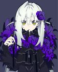  bangs black_background black_dress closed_mouth commentary_request dress expressionless eyebrows_visible_through_hair flat_color flower green_eyes grey_hair hair_between_eyes hair_flower hair_ornament hand_up highres long_hair looking_at_viewer mochizuki_kei original purple_flower sidelocks silver_hair simple_background solo 