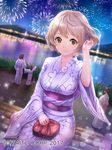  adjusting_hair aerial_fireworks braid brown_eyes brown_hair festival fireworks highres ilog japanese_clothes kimono kinchaku lake light_brown_hair looking_at_viewer lunacle multiple_girls night night_sky official_art outdoors pouch short_hair sitting sky sparkle water 