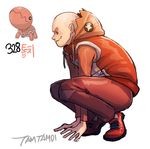  artist_name bald full_body gen_3_pokemon hood hood_down hooded_jacket jacket male_focus orange_pants personification pokemon pokemon_(creature) red_footwear solo squatting tamtamdi trapinch wavy_mouth 