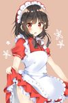  alternate_costume apron bad_id bad_pixiv_id black_hair blush brown_ribbon eyebrows_visible_through_hair frills highres kono_subarashii_sekai_ni_shukufuku_wo! looking_at_viewer maid maid_apron maid_headdress megumin miyu19996513 open_mouth puffy_sleeves red_eyes ribbon short_hair simple_background skirt skirt_lift solo standing waist_apron 