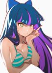  absurdres arutera bangs banned_artist bare_shoulders bikini bikini_top blue_bow blue_hair blunt_bangs bow breasts cleavage green_eyes hair_bow highres long_hair looking_to_the_side medium_breasts multicolored_hair panty_&amp;_stocking_with_garterbelt purple_hair smile solo stocking_(psg) striped striped_bikini swimsuit two-tone_hair upper_body very_long_hair 