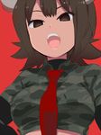  aurochs_(kemono_friends) bangs brown_eyes brown_hair camouflage_shirt collared_shirt empty_eyes horns ica kemono_friends long_sleeves looking_at_viewer necktie open_mouth red_background red_neckwear shirt short_sleeves simple_background solo 