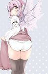  ass black_legwear grey_background kneepits long_sleeves looking_back mepikari mystia_lorelei panties pink_hair purple_eyes skirt skirt_lift standing thick_eyebrows thighhighs touhou underwear white_panties wings 