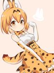  animal_ears animal_print bare_shoulders beige_background between_legs blush bow bowtie breasts brown_hair closed_mouth dutch_angle elbow_gloves extra_ears gloves hand_between_legs high-waist_skirt ica kemono_friends looking_at_viewer medium_breasts multicolored multicolored_clothes multicolored_gloves multicolored_hair orange_eyes orange_hair serval_(kemono_friends) serval_ears serval_print serval_tail shiny shiny_hair shirt short_hair simple_background skirt sleeveless sleeveless_shirt solo standing streaked_hair tail tareme thighhighs white_shirt zettai_ryouiki 