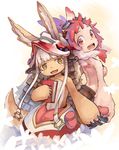  1other animal_ears back-to-back bangs blunt_bangs book darkers eyebrows_visible_through_hair furry goggles goggles_on_head helmet highres holding_hands made_in_abyss mitty_(made_in_abyss) mitty_(made_in_abyss)_(furry) nanachi_(made_in_abyss) open_mouth red_eyes red_hair sidelocks tail topless what_if whiskers white_hair yellow_eyes 