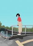  blue_sky day from_behind grey_pants gumi. highres looking_at_viewer looking_back original outdoors pants puffy_pants railing red_legwear red_shirt river road shirt shoes short_sleeves signature sky socks standing tree water white_footwear 