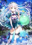  aqua_dress bangs blue blue_sky blurry blush braid breasts cleavage commentary_request crown_braid dandelion day depth_of_field dress floating_hair flower gem hairband hand_up keepout long_hair looking_at_viewer medium_breasts original outdoors parted_lips see-through sidelocks sky slime smile snow solo thighhighs thighs tree tsurime white_legwear 