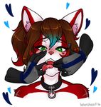  &lt;3 &lt;3_eyes 2016 5_fingers ambiguous_gender anthro bebecake brown_hair cat collar disembodied_hand duo feline female female/ambiguous female_focus finger_in_mouth fur green_eyes hair headshot_portrait mammal mia_(donber) multicolored_fur piercing portrait red_fur saliva simple_background solo_focus tongue tongue_out tongue_piercing two_tone_fur white_background white_fur 