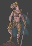  anthro armor breasts clothing crestfallenartist female melee_weapon nipples open_mouth polearm scalie solo spear standing underwear weapon 