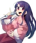  :d anarogumaaa bangs black_hair blush commentary_request cowboy_shot eyebrows_visible_through_hair from_side hand_up holding holding_microphone houraisan_kaguya long_hair long_sleeves looking_at_viewer microphone open_mouth pink_eyes sidelocks simple_background smile solo touhou white_background 