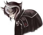  black_eyes black_hair cape darkers eyebrows_visible_through_hair hair_between_eyes hunchback hunched_over looking_back made_in_abyss multicolored_hair ozen smirk solo two-tone_hair upper_body white_background white_hair 