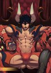  abs alcohol ass_visible_through_thighs bara black_hair cup curtains dragon_boy dragon_horns dragon_tail drinking_glass highres horns licking_lips looking_at_viewer lvlv male_focus male_pubic_hair muscle nipples original patreon_logo pointy_ears pubic_hair red_curtains red_eyes revealing_clothes solo spread_legs tail throne tongue tongue_out wine wine_glass 