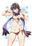  adapted_costume ass_visible_through_thighs bikini black_hair blush bracelet breasts commentary_request cowboy_shot grin highres horns jewelry kijin_seija looking_at_viewer multicolored_hair navel ootsuki_wataru pointy_ears red_eyes red_hair scarf short_hair small_breasts smile solo stomach streaked_hair swimsuit touhou white_hair 