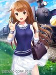  :d bag blue_sky bracelet breasts brown_hair cloud day grass ground_vehicle handbag highres ilog jewelry long_hair looking_at_viewer lunacle medium_breasts official_art open_mouth outdoors skirt sky smile smoke solo standing sweater_vest train v very_long_hair watermark white_skirt 