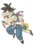  1girl belt black_eyes black_hair blue_eyes boots braid bulma dougi dragon_ball dragon_ball_(classic) dragon_ball_z dragon_radar dress hair_ribbon hug looking_away purple_hair radar ribbon simple_background smile socks son_gokuu spiked_hair suna_(xxsignitifato) time_paradox white_background wristband yellow_dress 