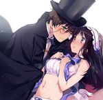  1girl black_hair blush bow breasts brown_hair cape chitanda_eru cosplay detective green_eyes hairband hetero hyouka kimi_ni_matsuwaru_mystery lolita_hairband long_hair looking_at_another madoromi_no_yakusoku medium_breasts mery_(apfl0515) monocle navel oreki_houtarou purple_eyes short_hair 