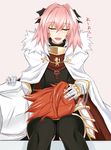  1girl astolfo_(fate) black_bow black_legwear bow cape chaldea_uniform closed_eyes commentary eyebrows_visible_through_hair facing_away facing_viewer fang fate/apocrypha fate/grand_order fate_(series) fujimaru_ritsuka_(female) hair_bow lying on_side open_mouth orange_hair otoko_no_ko pink_hair piro_(iiiiiiiiii) side_ponytail sitting translated white_cape 