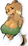  2017 anthro big_breasts breasts brown_eyebrows brown_fur brown_nose brown_tail canine cleavage clothed clothing digital_media_(artwork) dog dogmom eyebrows female front_view fully_clothed fur green_clothing green_shirt green_topwear huge_breasts looking_at_viewer mammal pants portrait saluki shirt simple_background smile solo standing tank_top tentaclebot three-quarter_portrait white_background white_bottomwear white_clothing white_pants yellow_eyes 
