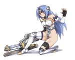  android bare_shoulders black_gloves blue_hair breasts commentary_request depo_(typebaby505) dress elbow_gloves fingerless_gloves forehead_protector garter_straps gloves headgear highres kos-mos medium_breasts one_knee red_eyes sleeveless sleeveless_dress solo xenosaga xenosaga_episode_iii 