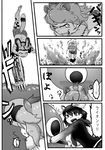  african_wild_dog_(kemono_friends) african_wild_dog_print animal_ears antlers attack cerulean_(kemono_friends) claws clenched_teeth comic diving dog_ears dog_tail extra_ears fur_collar greyscale hair_between_eyes highres kemono_friends kishida_shiki lion_(kemono_friends) lion_ears long_sleeves miniskirt monochrome moose_(kemono_friends) moose_ears multiple_girls open_mouth plaid plaid_skirt plaid_sleeves pleated_skirt print_legwear print_shirt shirt short_hair short_over_long_sleeves short_sleeves shorts skirt tail teeth thighhighs translated trembling 