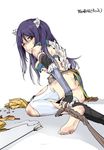  1girl animal_ears arrow ass barefoot blood character_request clenched_teeth copyright_request feet female fingerless_gloves injury long_hair mos1613 no_panties one_eye_closed purple_hair scratches simple_background soles solo staff toes torn_clothes white_background 