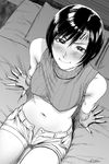  bare_shoulders bed blush breasts covered_nipples final_fantasy final_fantasy_vii fingerless_gloves gloves greyscale headband looking_at_viewer looking_up medium_breasts midriff monochrome navel open_clothes open_shorts pillow sgk short_hair shorts sitting sleeveless smile solo yuffie_kisaragi 