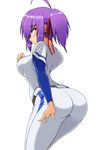  1girl ahoge artist_request ass blush bodystocking breasts embarrassed hair_ribbon jikkyou_powerful_pro_yakyuu large_breasts leaning leaning_forward looking_at_viewer looking_back purple_hair red_eyes ribbon rokudou_hijiri shiny shiny_hair short_hair short_ponytail sideboob solo uniform 