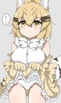  1girl :&lt; absurdres animal_ears blonde_hair blush bow bowtie cat_ears cat_tail cowboy_shot elbow_gloves frilled_skirt frills gloves hair_between_eyes high-waist_skirt highres kemono_friends kokuin lifted_by_self looking_at_viewer panties print_gloves print_neckwear print_skirt sand_cat_(kemono_friends) sand_cat_print shirt short_hair skirt skirt_lift sleeveless sleeveless_shirt solo tail underwear white_panties yellow_eyes 