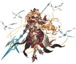  armor armored_boots bangs blonde_hair boots bow breasts full_body granblue_fantasy hair_bow hair_ornament halberd holding holding_weapon leg_up long_hair looking_at_viewer medium_breasts minaba_hideo navel official_art overskirt polearm red_eyes shoulder_armor solo transparent_background turtleneck vira_lilie weapon 