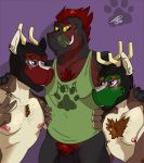  2018 anthro cervine clothing dinosaur father father_and_son group kamos_(sylvanedadeer) male male/male mammal muscular nude parent petplay pup_hood raptor reptile roleplay scalie smile son sylvane sylvanedadeer tagg tattoo theropod 