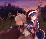  blue_eyes blue_hair buna_shimeji_(keymush) cape capelet commentary_request doremy_sweet gloves hat holding holding_weapon kishin_sagume looking_at_viewer multiple_girls parted_lips red_eyes short_hair sword touhou weapon white_hair 