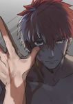  against_mirror archer emiya_shirou fate/stay_night fate_(series) hand_on_mirror heterochromia highres looking_at_mirror male_focus matsuya_(pile) mirror multicolored_hair orange_hair pov reflection serious silver_eyes solo spoilers two-tone_hair yellow_eyes 