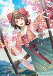  :d blue_sky braid brown_hair cloud day floral_print flower hairband hanbok korean_clothes laurelfalcon long_hair long_sleeves open_mouth outdoors outstretched_hand petals pink_eyes sid_story sky smile solo standing traditional_clothes very_long_hair watermark 