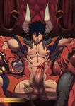  abs alcohol ass_visible_through_thighs bara black_hair censored clenched_teeth closed_eyes cup curtains dragon_boy dragon_horns dragon_tail drinking_glass erection grin handjob highres horns large_penis lvlv male_focus male_pubic_hair mosaic_censoring muscle nipples original patreon_logo penis pointy_ears pubic_hair red_curtains revealing_clothes smile solo spread_legs tail teeth testicles throne wine wine_glass 