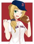  ball baseball baseball_cap baseball_mitt baseball_uniform blonde_hair boston_red_sox cyka ellen_baker green_eyes hat highres major_league_baseball new_horizon one_eye_closed open_mouth red_background solo sportswear 