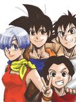  3boys black_eyes black_hair blue_eyes blue_hair bulma commentary_request dragon_ball dragon_ball_z dress earrings happy izumi1159 jewelry kerchief kuririn looking_at_viewer multiple_boys red_dress red_shirt scar shirt short_hair simple_background smile son_gokuu v white_background wristband yamcha 